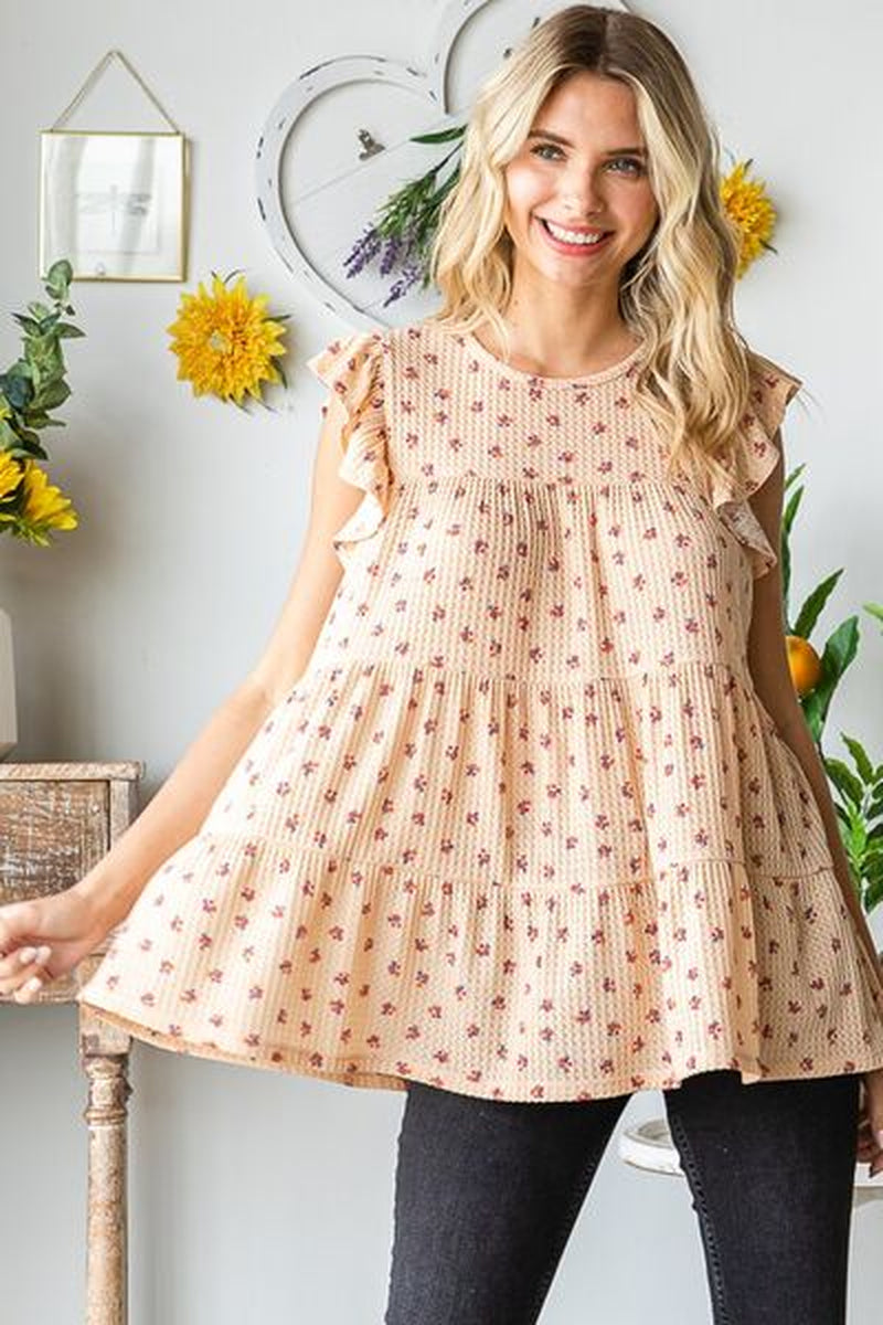 Heimish Full Size Butterfly Short Sleeve round Neck Ditsy Floral Print Tiered Top plus Size
