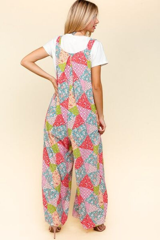 Haptics Wide Leg Overalls with Pockets - Full Size Printed Design and Side Pockets