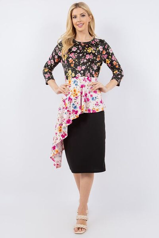 Celeste Full Size Floral Asymmetrical Hemline round Neck Top plus Size