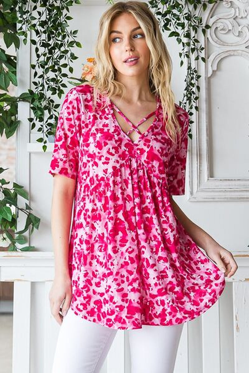 Heimish Full Size Short Sleeve Crisscross Animal Babydoll Top plus Size