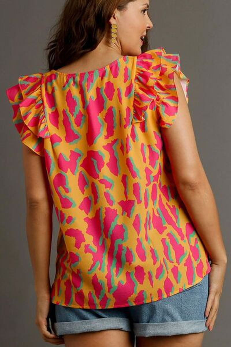 Umgee Full Size Abstract Print V-Neck Double Layer Ruffle Sleeve Blouse plus Size