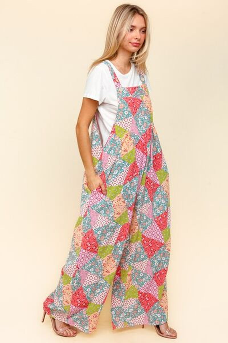 Haptics Wide Leg Overalls with Pockets - Full Size Printed Design and Side Pockets
