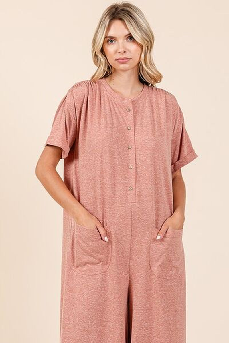 Mittoshop Button Detail Jumpsuit - Short Sleeve Wide Leg Jumpsuit