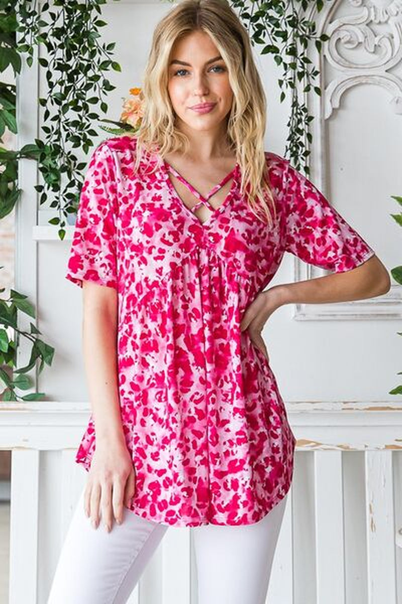 Heimish Full Size Short Sleeve Crisscross Animal Babydoll Top plus Size