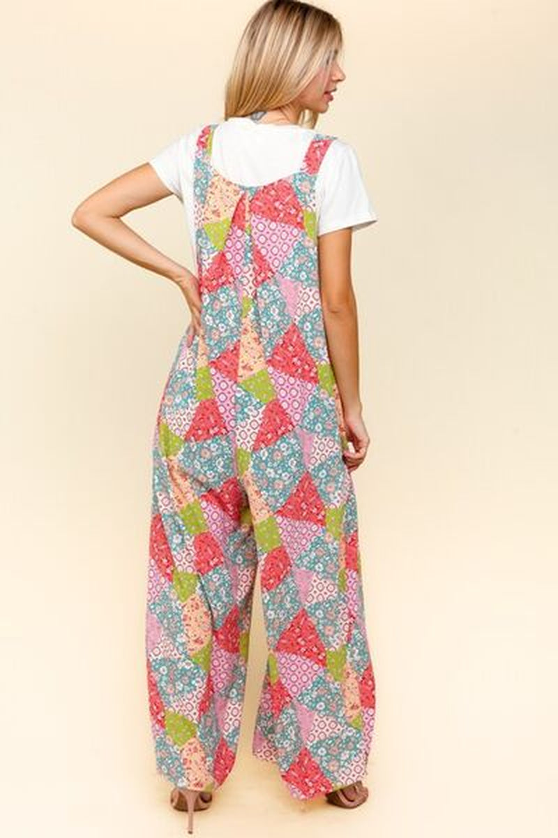 Haptics Wide Leg Overalls with Pockets - Full Size Printed Design and Side Pockets