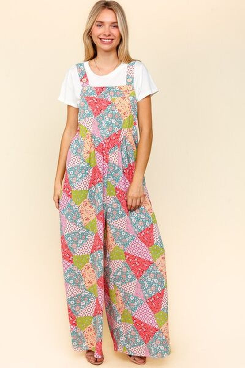 Haptics Wide Leg Overalls with Pockets - Full Size Printed Design and Side Pockets