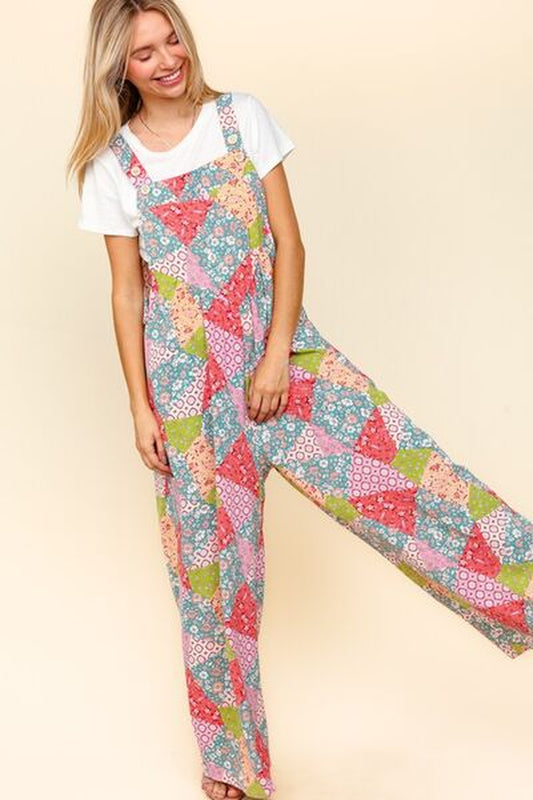 Haptics Wide Leg Overalls with Pockets - Full Size Printed Design and Side Pockets