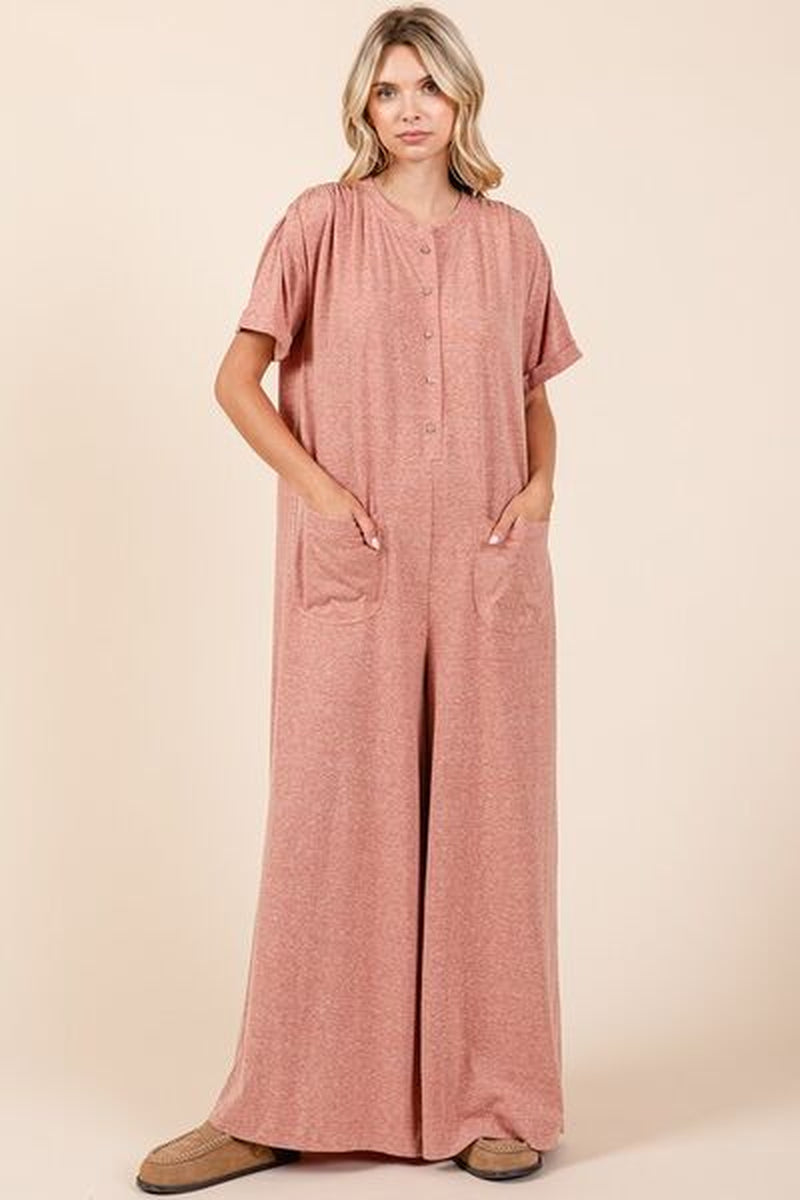 Mittoshop Button Detail Jumpsuit - Short Sleeve Wide Leg Jumpsuit