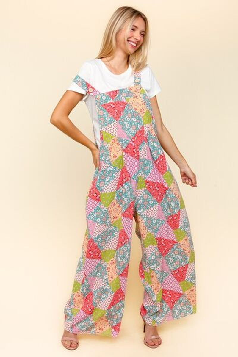 Haptics Wide Leg Overalls with Pockets - Full Size Printed Design and Side Pockets