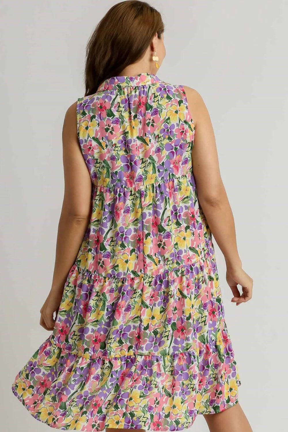 Umgee Full Size High-Low Hem Floral Sleeveless Tiered Dress plus Size