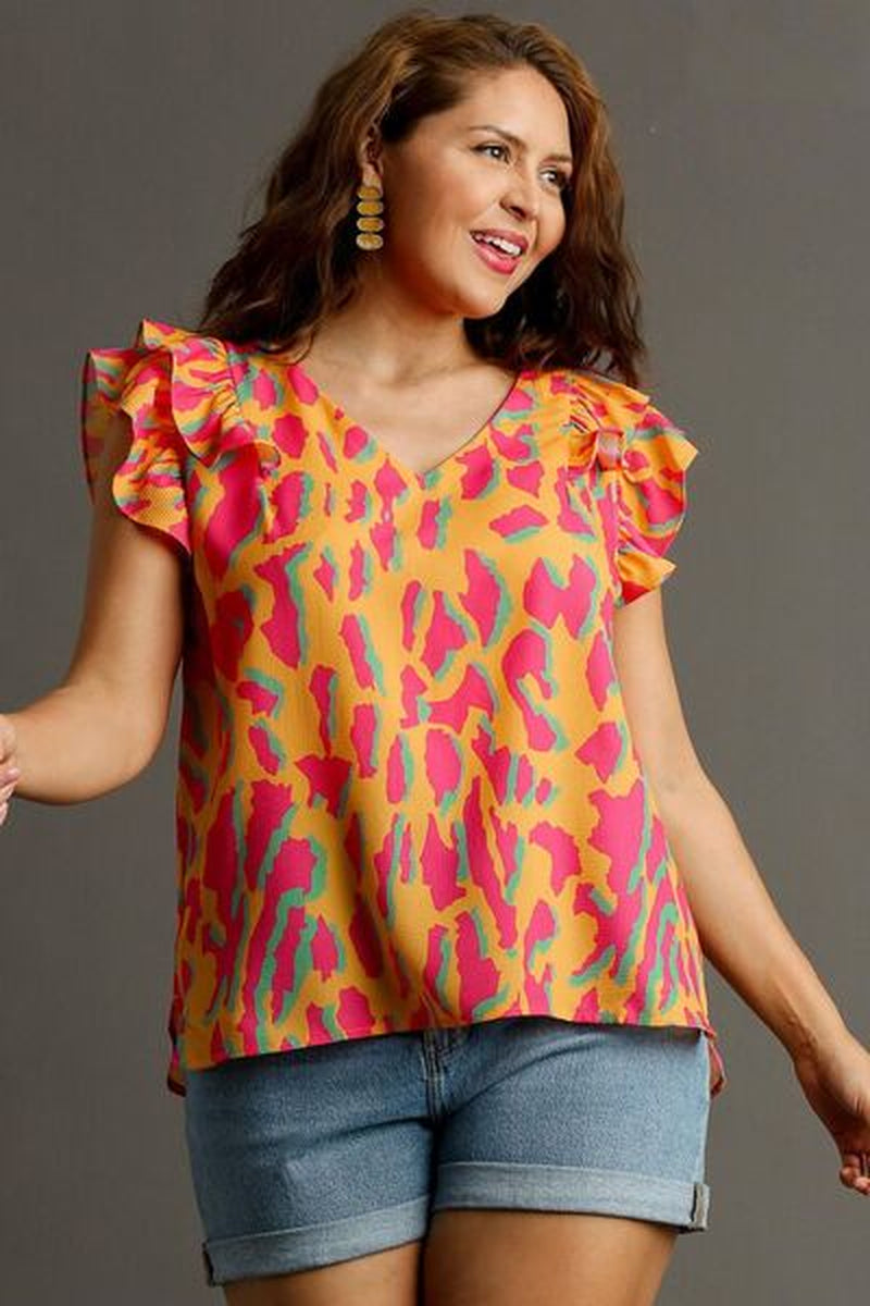 Umgee Full Size Abstract Print V-Neck Double Layer Ruffle Sleeve Blouse plus Size