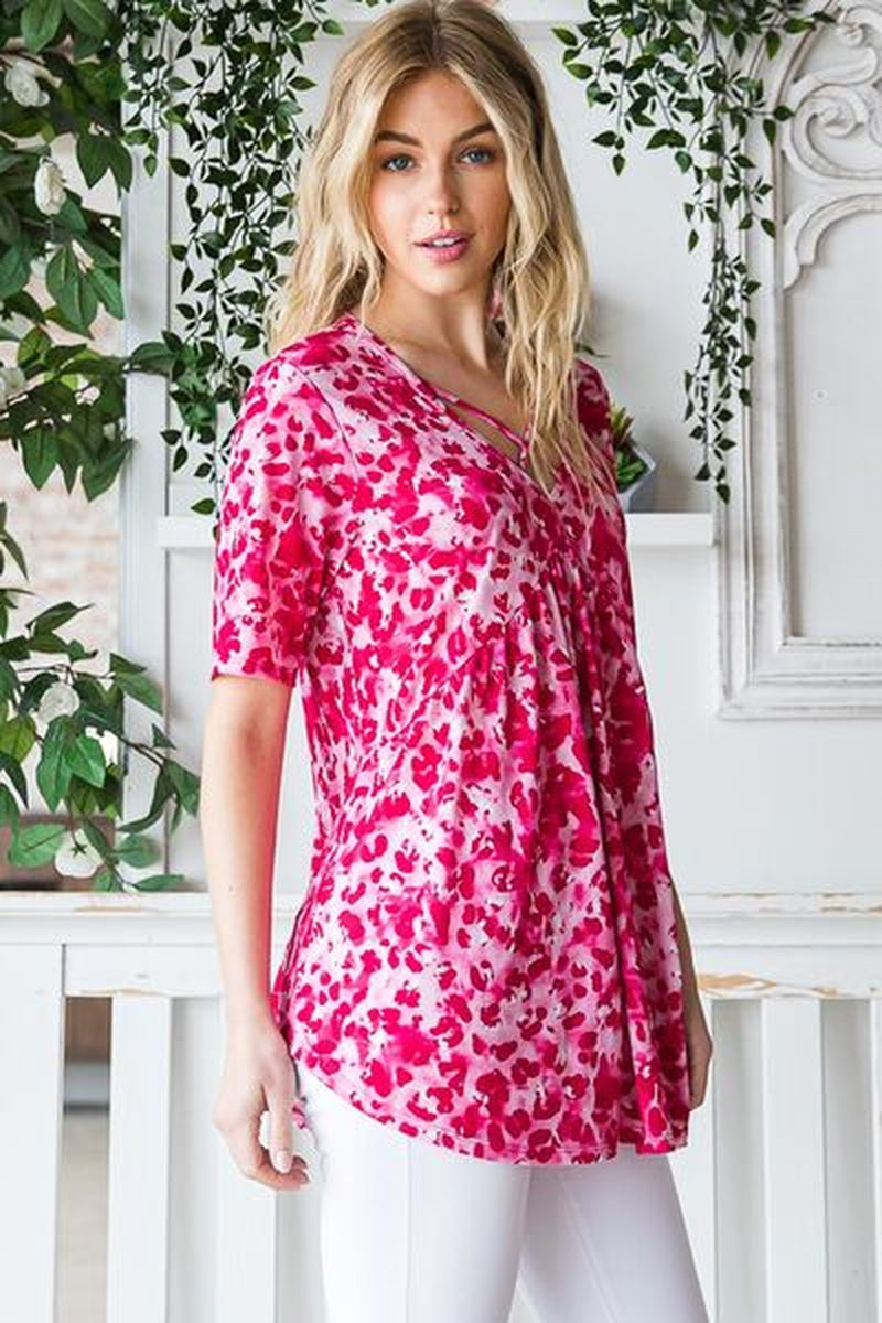 Heimish Full Size Short Sleeve Crisscross Animal Babydoll Top plus Size