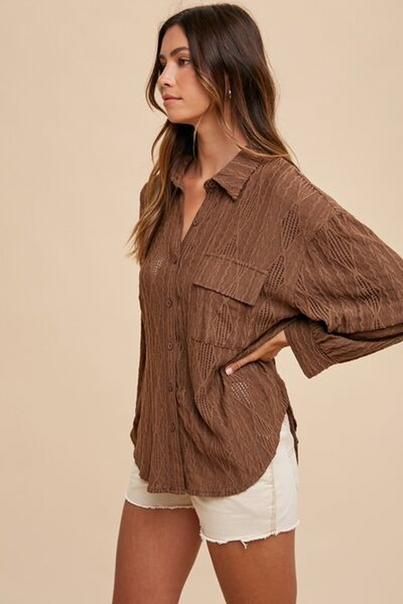 Annie Wear Openwork Button down Drop Shoulder Shirt