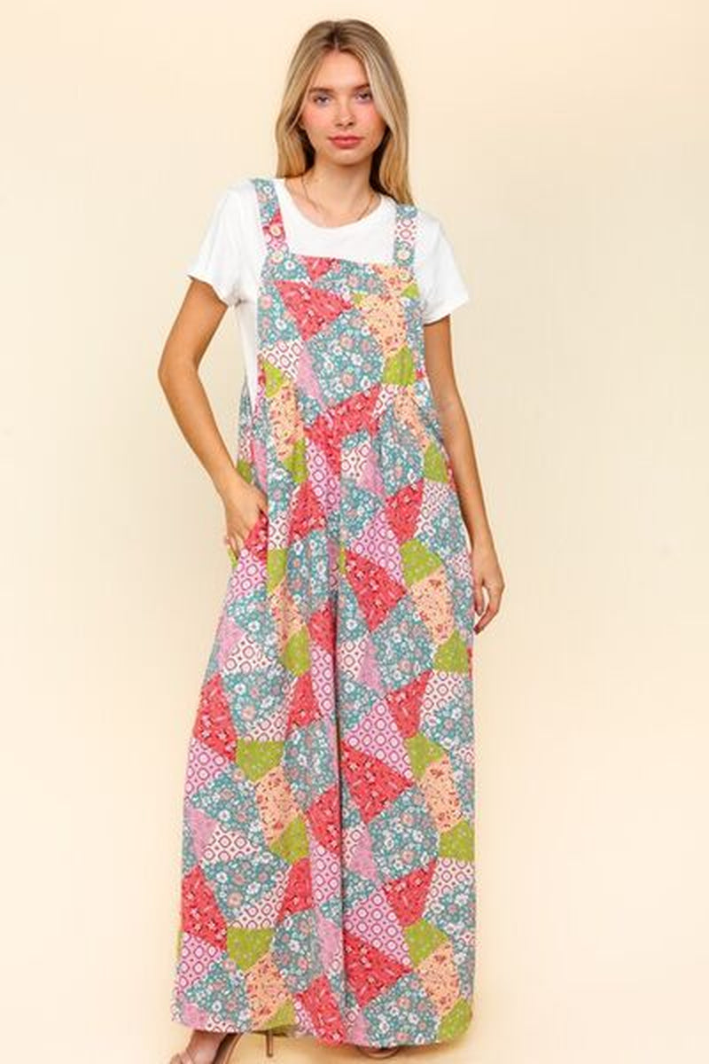 Haptics Wide Leg Overalls with Pockets - Full Size Printed Design and Side Pockets