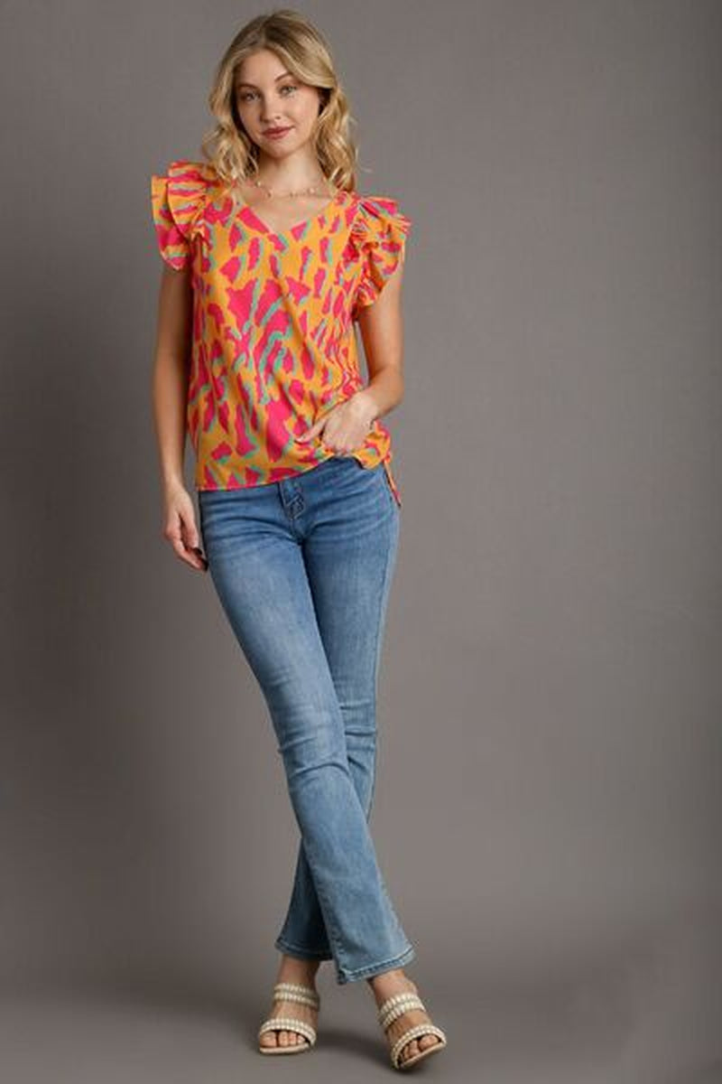 Umgee Full Size Abstract Print V-Neck Double Layer Ruffle Sleeve Blouse plus Size